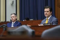 Rep. Matt Gaetz, R-Fla., joined by Rep. Jim Banks, R-Ind.,, left, speaks