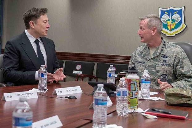 SpaceX CEO Elon Musk discusses U.S. space operations with U.S. Air Force General Terrence O’Shaughnessy, the Commander of the North American Aerospace Defense Command and U.S. Northern Command. (U.S. Northern Command)