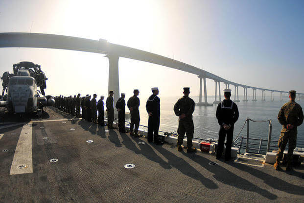 Sailors and Marines man the rails aboard the amphibious assault ship USS Boxer (LHD 4) as the ship transits underneath the Coronado Bay Bridge in 2009. (Daniel Barker/U.S. Navy) Sailors and Marines man the rails aboard the amphibious assault ship USS Boxer (LHD 4)