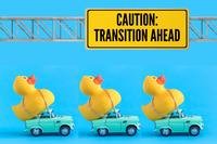 toy cars haul ducks to under sign reading caution transition ahead